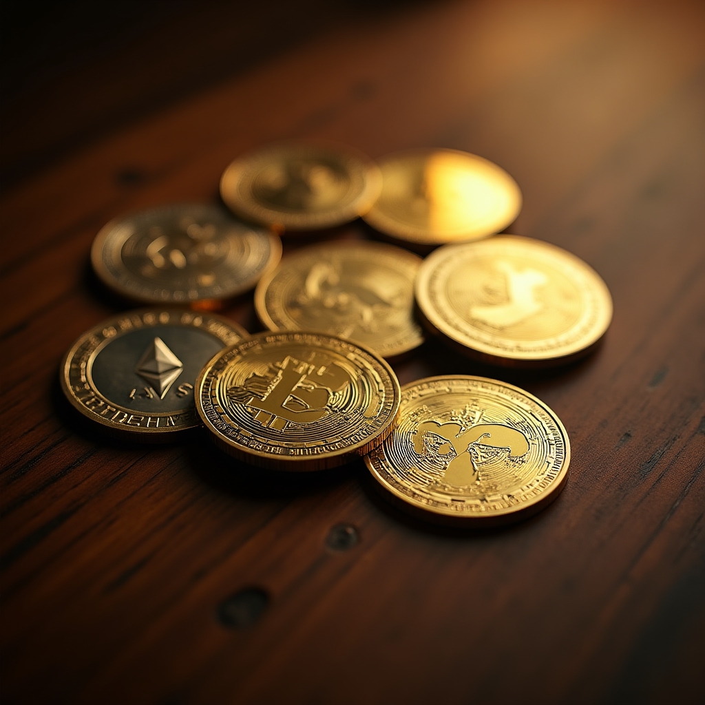 Multiple cryptocurrency symbols and digital asset representations on a clean modern display