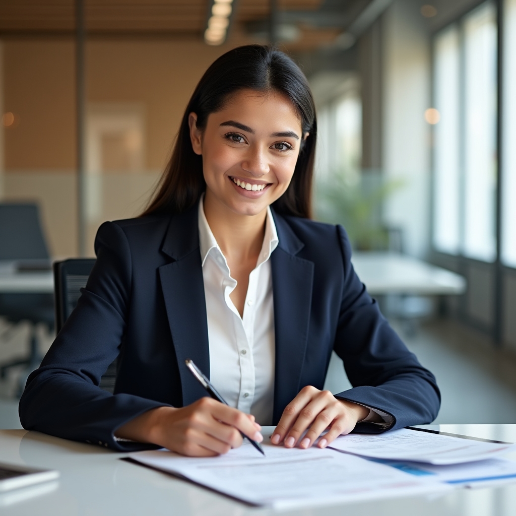 Financial services professional reviewing compliance documents at a clean modern desk with natural light